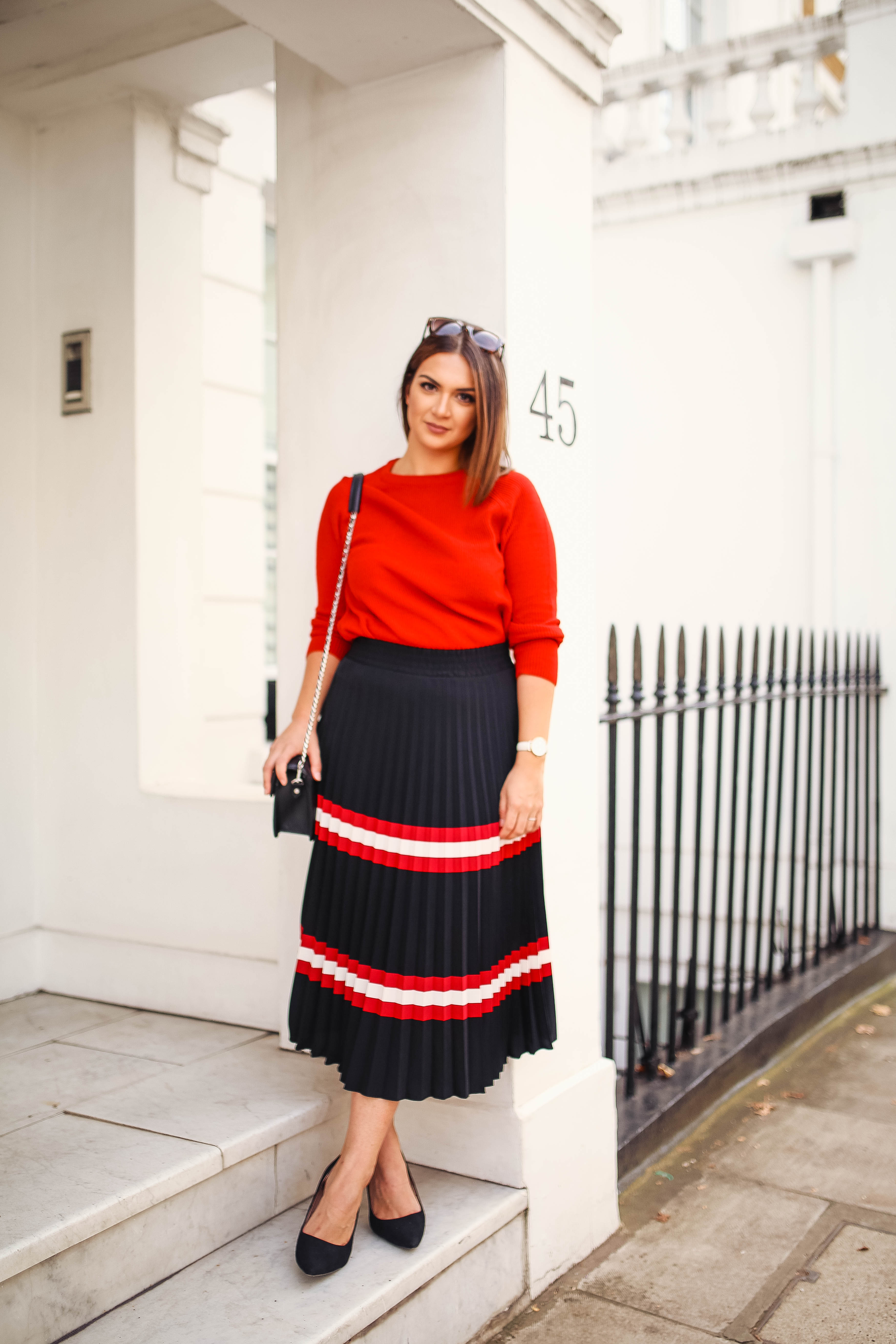Note by Michelle wearing MANGO Stripes Pleated Midi Skirt | Knightsbridge